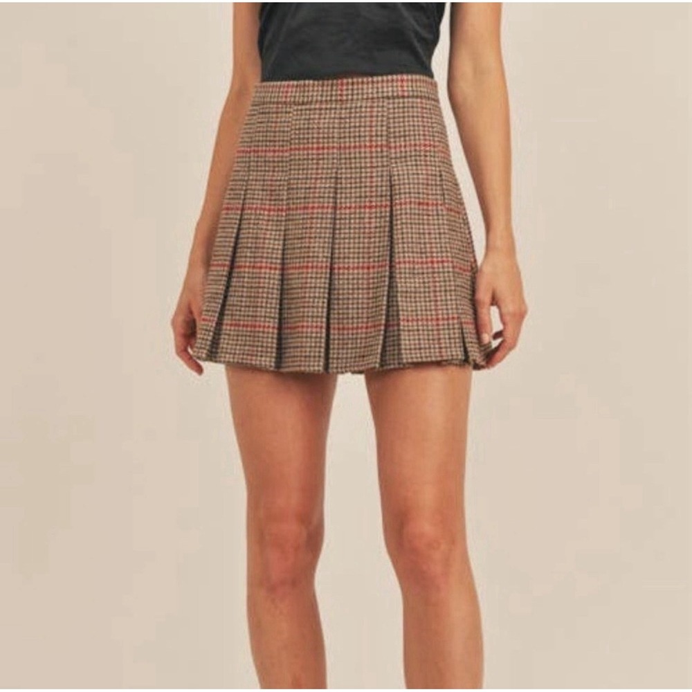 Lush Pleated Mini Skirt Women Small Camel Red Plaid‎ Academic LS30734C-CI